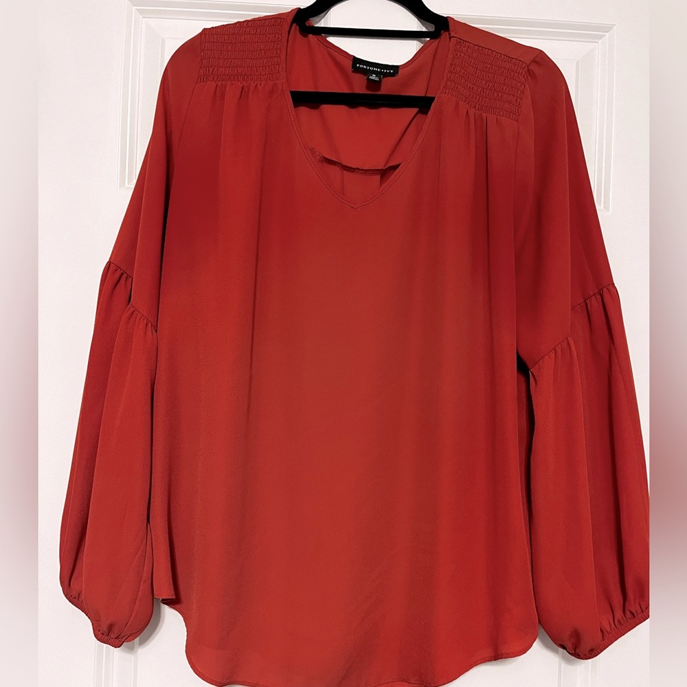 Fortune & Ivy, Burnt Orange Volume Sleeve Blouse, size XL